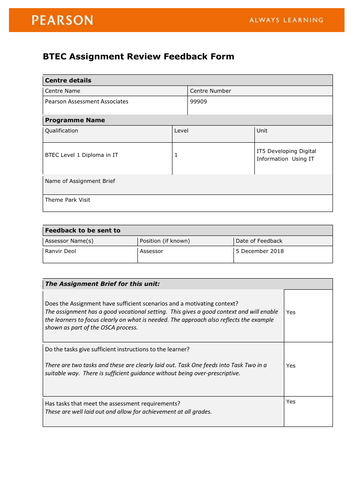 Level 1 IT Units A1, A2, IT5, IT8, IT9  Expert ACS feedback from Pearson Assessment Associates
