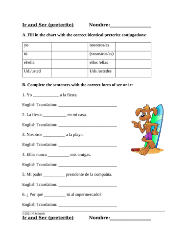 Ir and Ser in Preterite Tense Worksheet (2 pages)