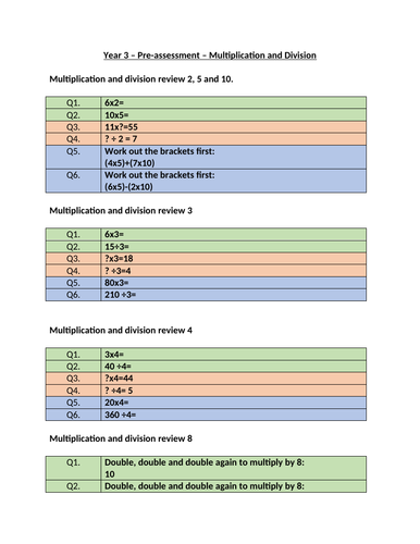 Pre-Assessment Questions for Number - Multiplication and Division - Year 3