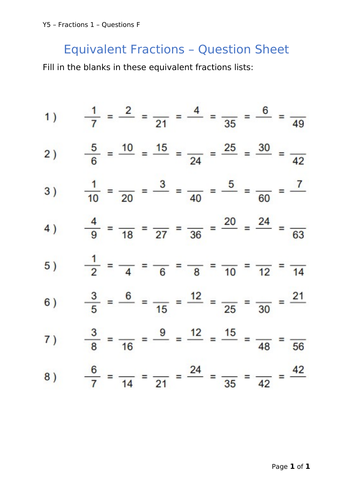 Y5 Maths - Equivalent Fractions (Free)