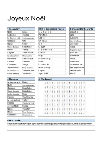 Joyeux Noel KS3 worksheet Christmas French