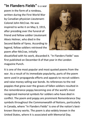 "In Flanders Fields" - John McCrae Handout