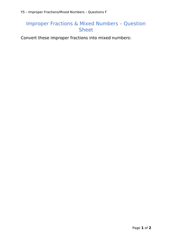 Y5 Maths - Improper Fractions (Free)