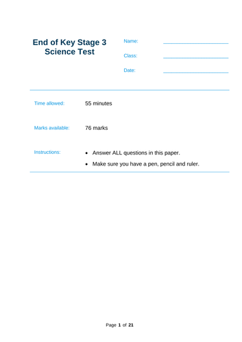 End of KS3 Science Test - HIGHER LEVEL