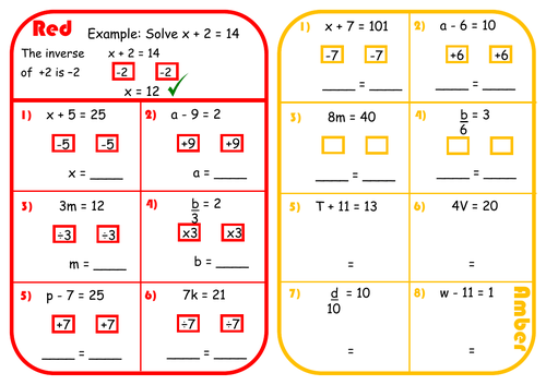 Solving One-Step Equations Scaffolded Differentiated RAGE Sheet