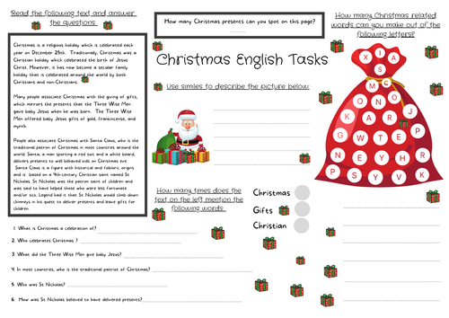 Christmas Themed English Lesson Fun Task A3 Sheet: Reading Comprehension, Word Scrabble Games