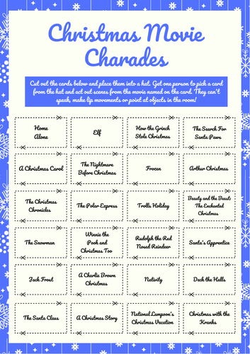 48X Christmas Charades Role Play Guessing Game Sheet Movies & General Xmas Theme