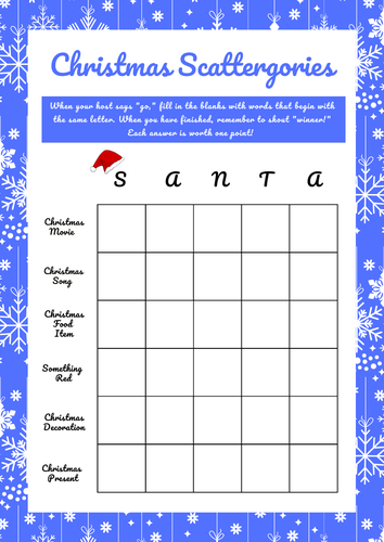 Christmas Scattergories Game Festive Activity / Worksheet