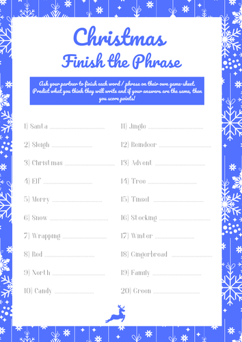 Christmas Finish That Phrase Game Sheet. Quiz. Festive Fun.