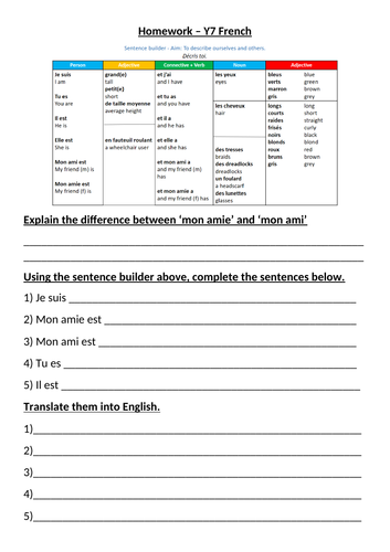 KS3 - Physical Description - Homework/Worksheet