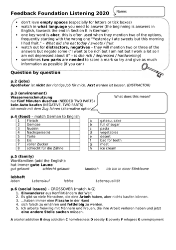 Feedback worksheets for AQA GCSE Listening 2020