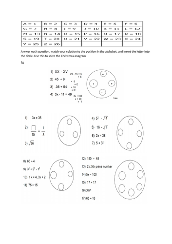 Christmas Maths Mixed Questions Anagram Puzzle Worksheets