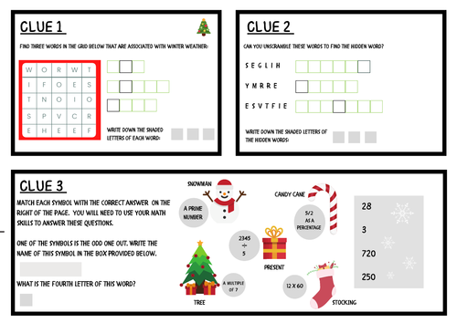 KS4 Secondary Christmas Escape Room Game Quiz. Clues /Quiz / Hide the Clues. English / Math