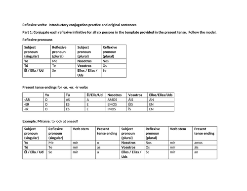 Reflexive verbs introductory conjugation practice and sentences