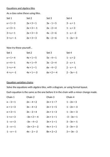 Solving linear equations - questions for use with algebra tiles