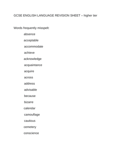 GCSE ENGLISH LANGUAGE revision sheet / lesson plan - commonly misspelt words