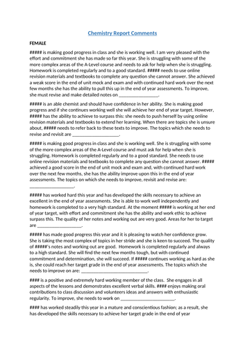 A/AS-Level Chemistry Student Report Comments KS5