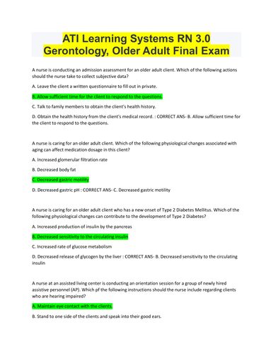 Details of (Answered and Graded) ATI Learning Systems RN 3.0 Gerontology, Older Adult Final Exam;