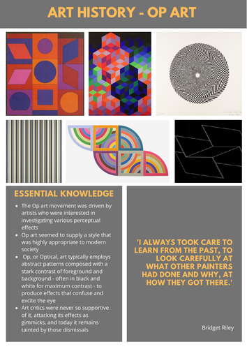 Art History Sheets - Op Art, Photorealism & Suprematism