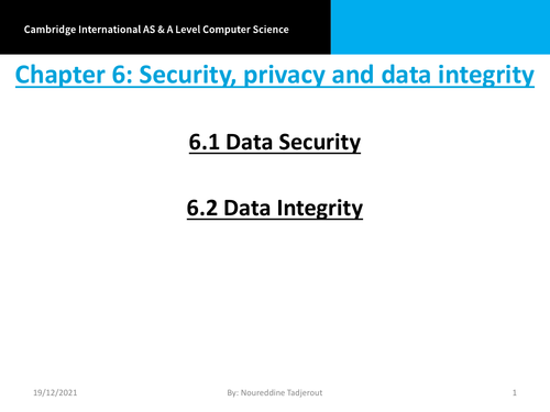 AS/A level - Computer Science  - Chapter 6: Security, privacy and data integrity