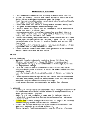 Sociology: Education, Class differences in achievement - External Factors, SUMMARY