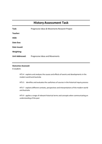 Progressive Ideas and Movements Research Project - task details & marking rubric