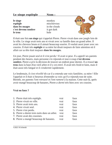 French Past Tense Reding (L'imparfait / Passé Composé) Le singe espiègle