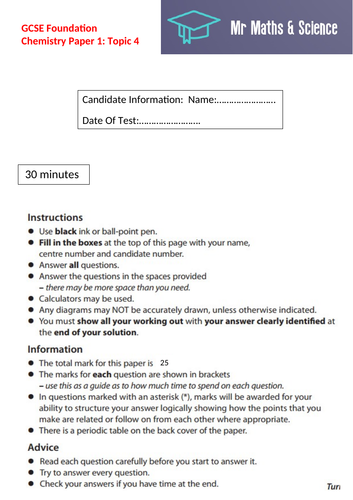 GCSE Chemistry Topic 4 Test Foundation