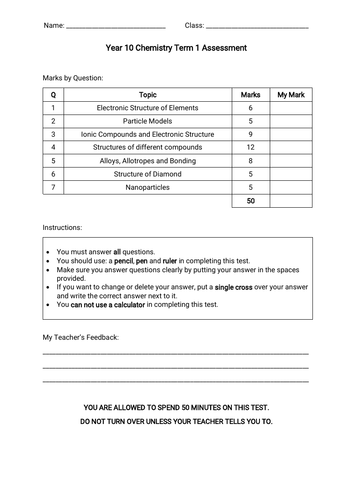 Y10 Chemistry Assessment: Bonding & Structure