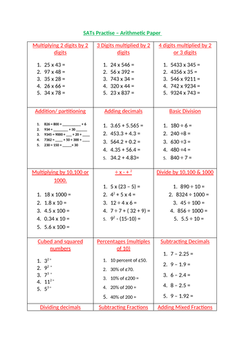 Year 6 SATs Practice - Arithmetic cards