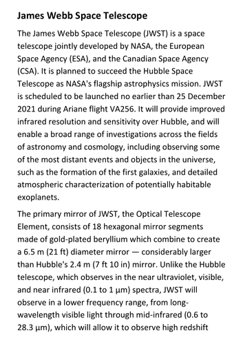 James Webb Space Telescope Handout