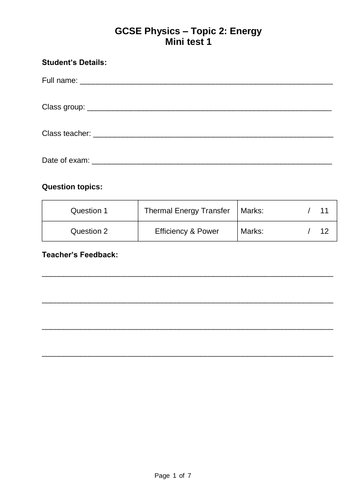 GCSE Physics Energy Mini Test