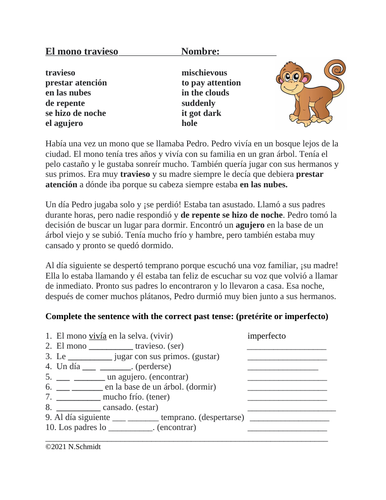 Spanish Past Tense Reading (Imperfecto/ Pretérito) El mono travieso