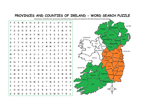 IRELAND MAP AND WORD SEARCH PUZZLE - PROVINCES AND COUNTIES