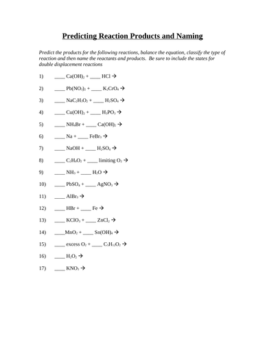 FREE Worksheet Grade 11 Chemistry Balancing, Reaction type, Predicting product, Naming compounds