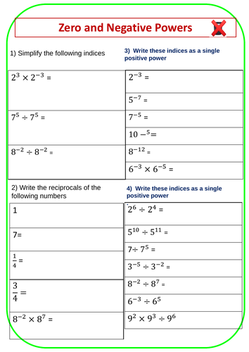 Zero and Negative indices: arithmetic | Teaching Resources