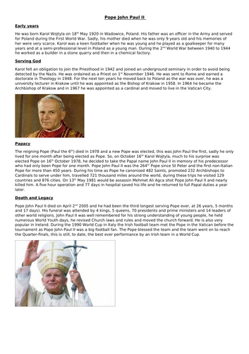 RE religion x 2 lessons Pope John Paul II and Benedict XVI Catholic church