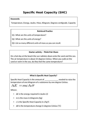 Specific Heat Capacity - Intro Worksheet