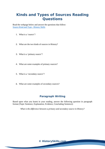 Primary and Secondary Sources Reading Comprehension Worksheet ...