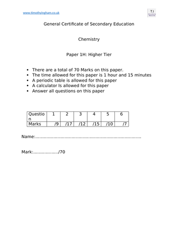 2020/21 GCSE Chemistry Practice Paper C1H