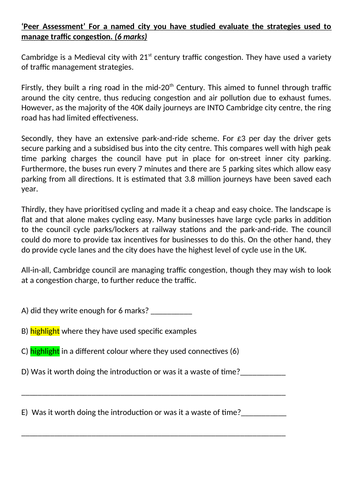 'Peer Assessment' GCSE 9-1 Traffic Management UK