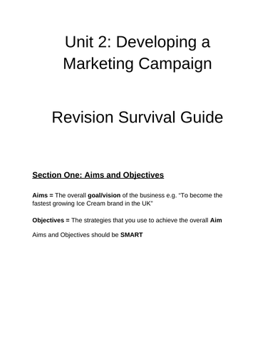 BTEC Level 3 Business Unit 2: Developing a Marketing Campaign Revision Activity Pack