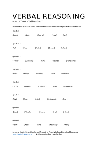 11+ Verbal Reasoning Worksheet: Odd Word Out