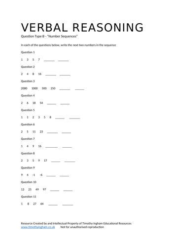 11+ Verbal Reasoning Worksheet: Number Sequences