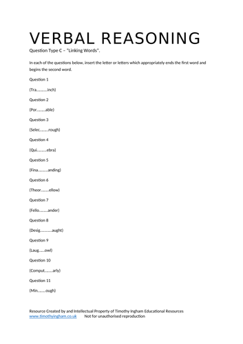 11+ Verbal Reasoning Worksheet: Linking Words