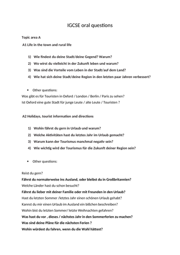 German GCSE oral:  topical questions