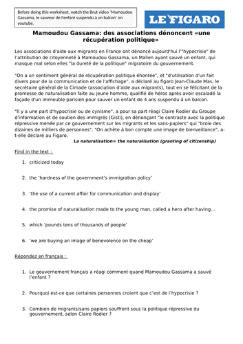 A level french immigration reading comprehension