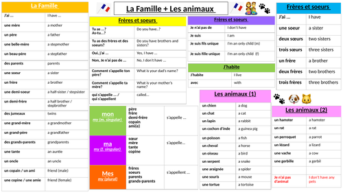 Knowledge organiser French -KS3 'La famille et les animaux'