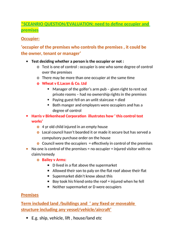 OCR A LEVEL LAW - OCCUPIERS LIABILITY ACT 1984 A/A* NOTES