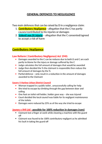 OCR ALEVEL LAW - GENERAL DEFENCES TO NEGLIGENCE  A/A* NOTES